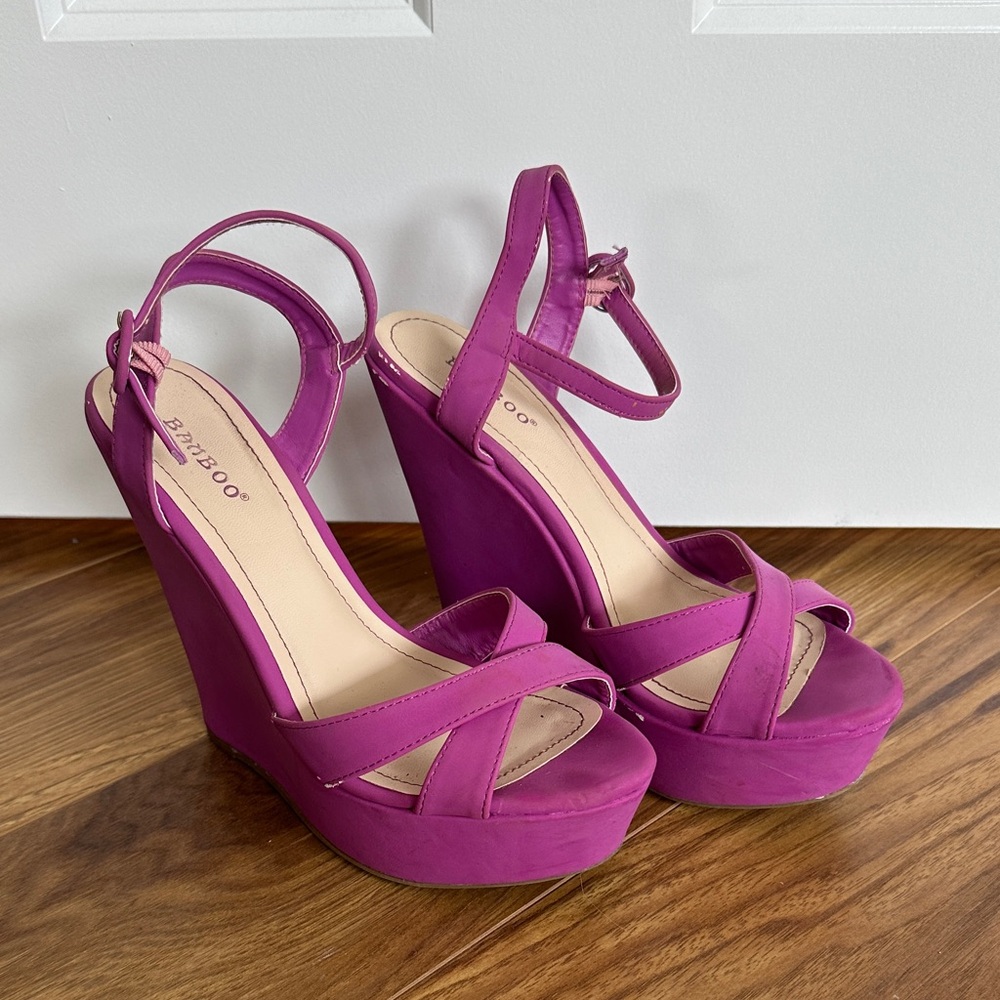 BAMBOO Magenta Platform Wedge Sandals with Ankle Strap